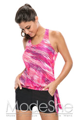 Rosy Print Blouson Tankini Swimsuit with Black Board Shorts
